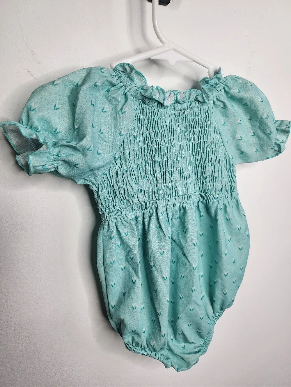 Smocked Puff Sleeve Baby Romper in Mint Green, Size 9-12m